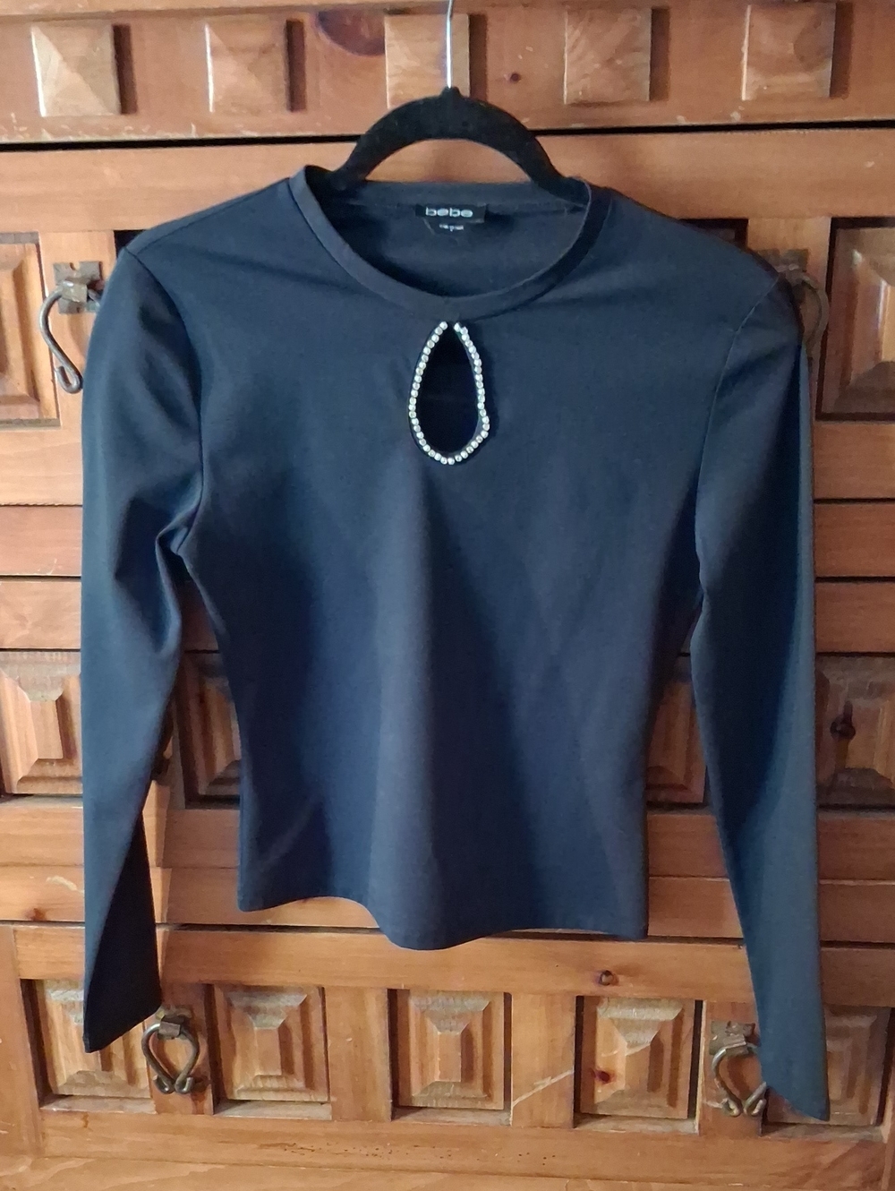 bebe Black Long-Sleeve Jewel Keyhole Tee